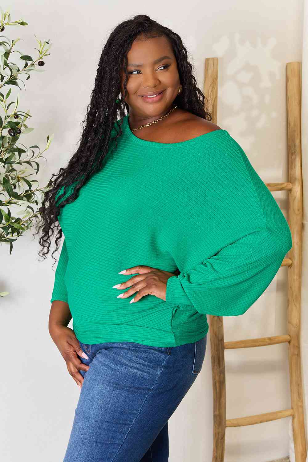Ribbed Batwing Long Sleeve Boat Neck Sweater