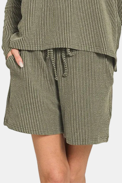 Raised Rib Long Sleeve Tee & Shorts Set / DK OLIVE