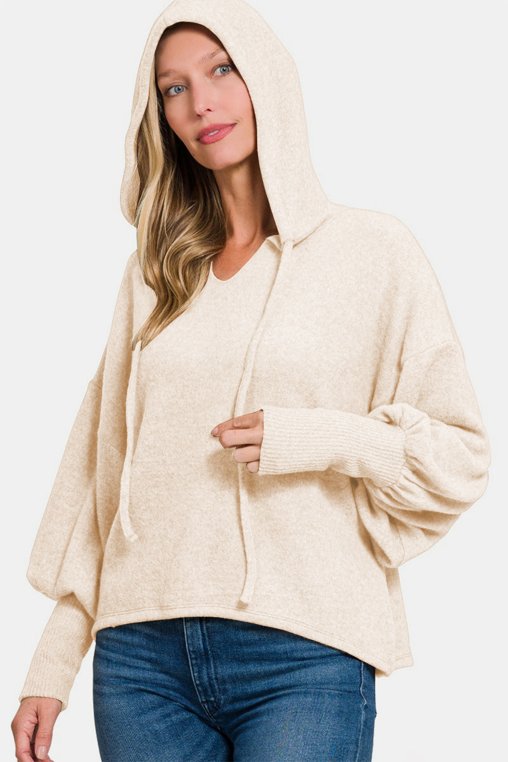 Soft Brushed Hacci Cropped Balloon Sleeve Hoodie