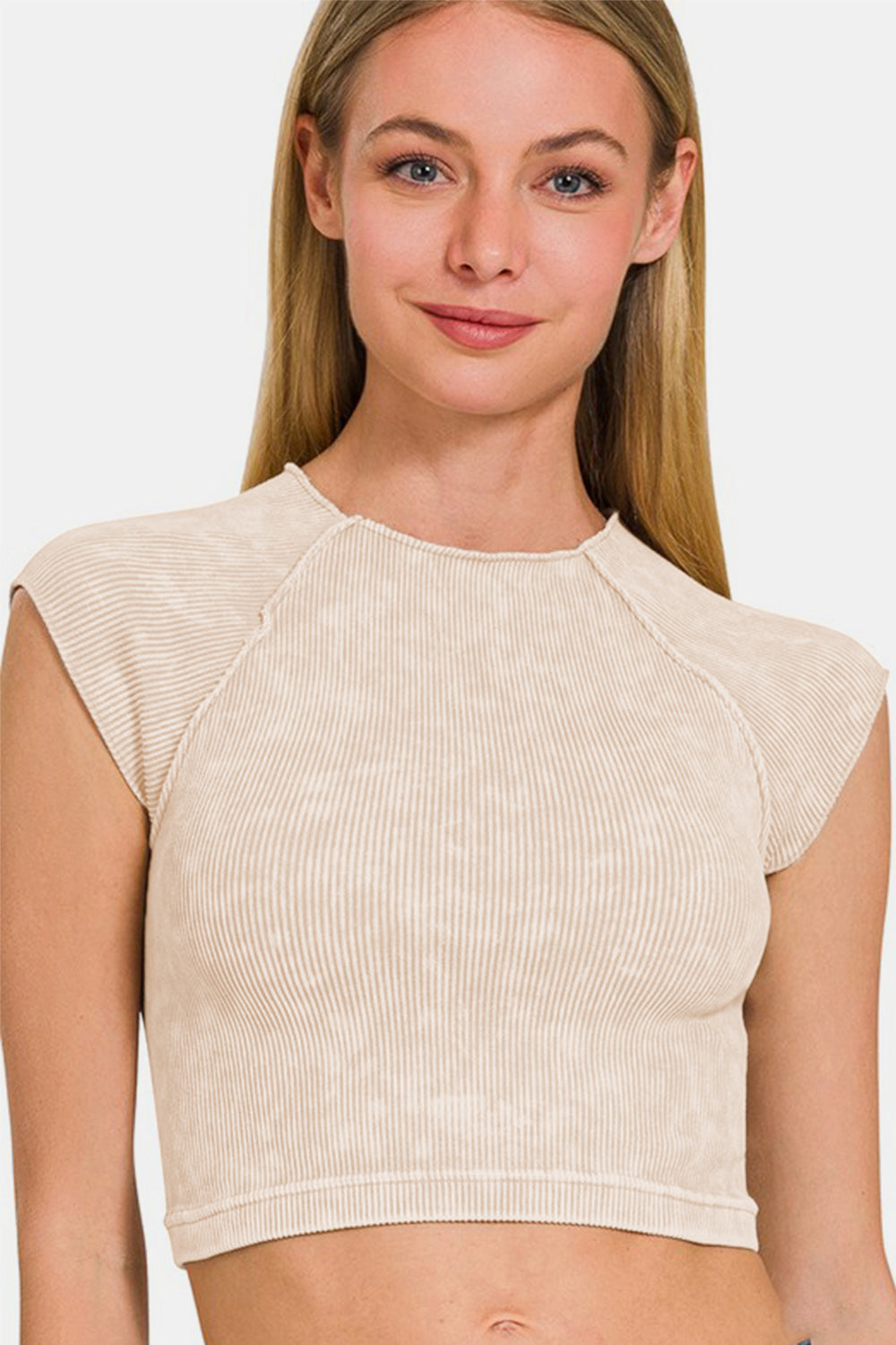 Stone Washed Ribbed Seamless Round Neck Crop Top