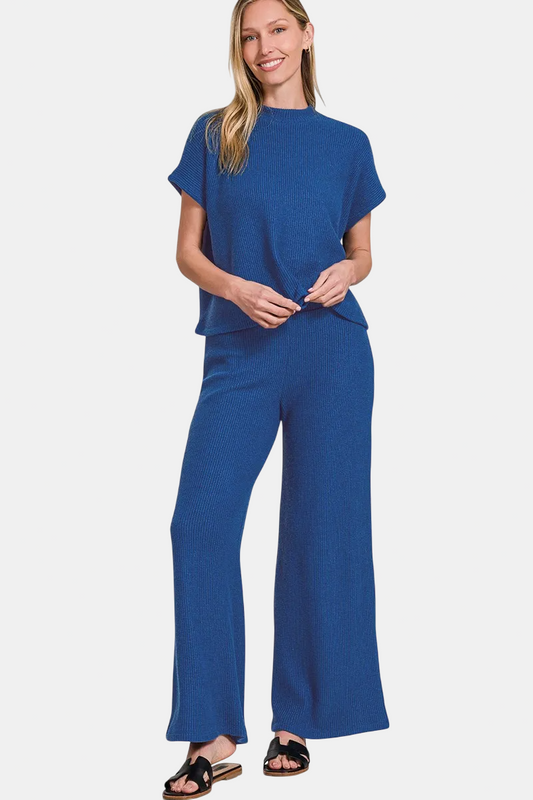 Sweater Boxy Top & Long Pants Set / TEAL NAVY