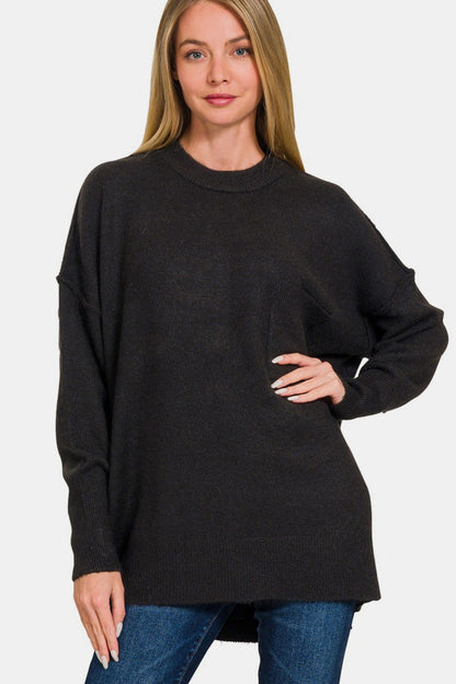 Melange Hi-Low Hem Pocket Sweater