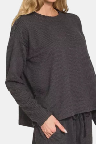 Raised Rib Long Sleeve Tee & Shorts Set / BLACK