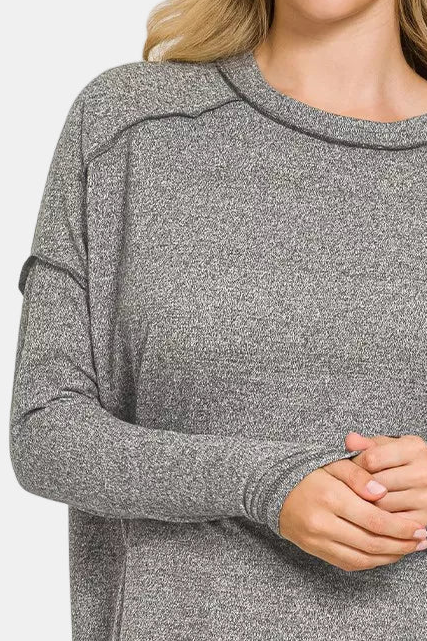 Soft Melange Hacci Exposed Seam Hi-Low Tee / BLACK