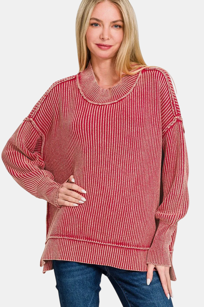 Washed Side Slit Oversized Sweater / DK RED