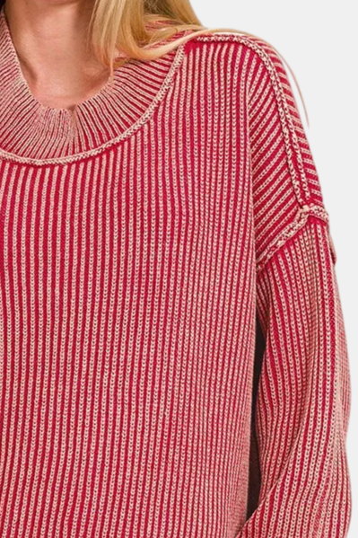 Washed Side Slit Oversized Sweater / DK RED