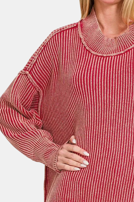 Washed Side Slit Oversized Sweater / DK RED