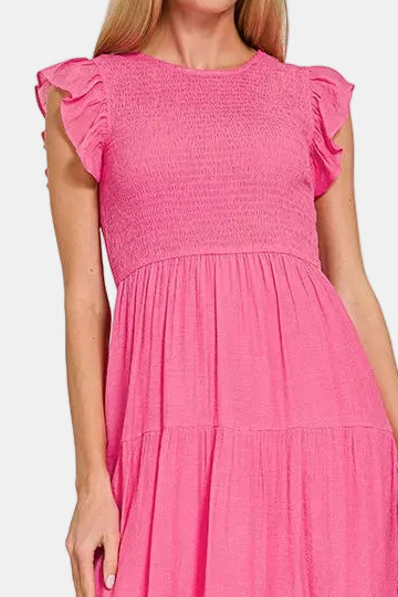 Woven Smocked Ruffle Sleeve Midi Dress / FUCHSIA