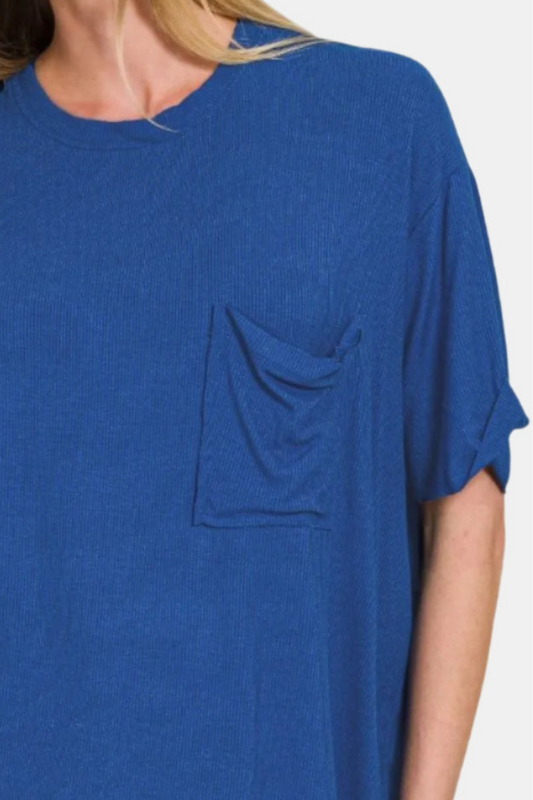 Oversized Ribbed Round Neck Short Sleeve Tee / LT NAVY