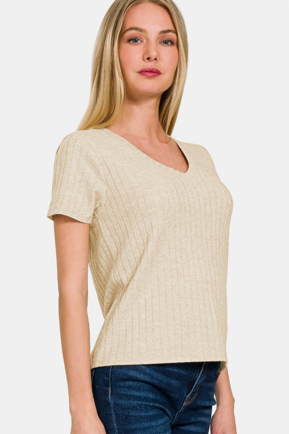 Ribbed Short Sleeve V-Neck Top