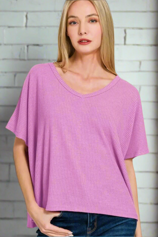 Ribbed V-Neck Short-Sleeve Sweater / BRIGHT MAUVE