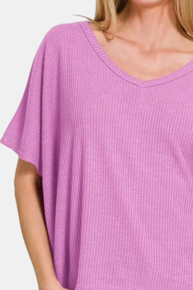 Ribbed V-Neck Short-Sleeve Sweater / BRIGHT MAUVE