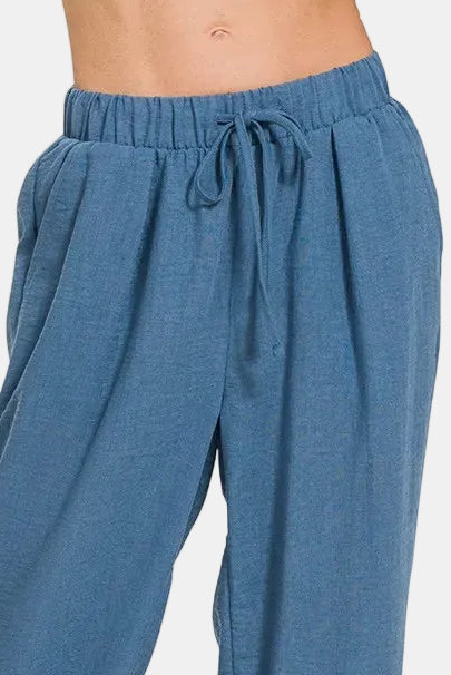 Woven Crepe Drawstring Elasticband Waist Pants / DUSTY BLUE