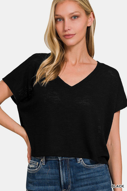 V-Neck Drop Shoulder Short Sleeve Crop Top