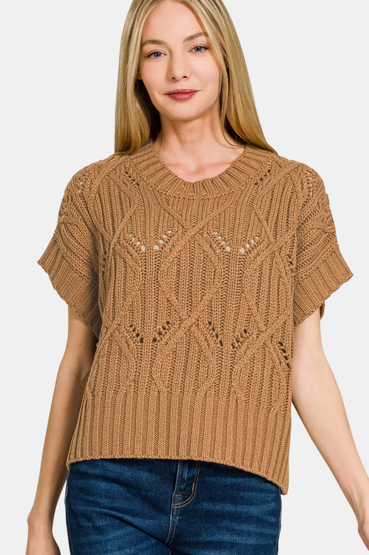 Cable Knit Short Sleeve Sweater / DEEP CAMEL