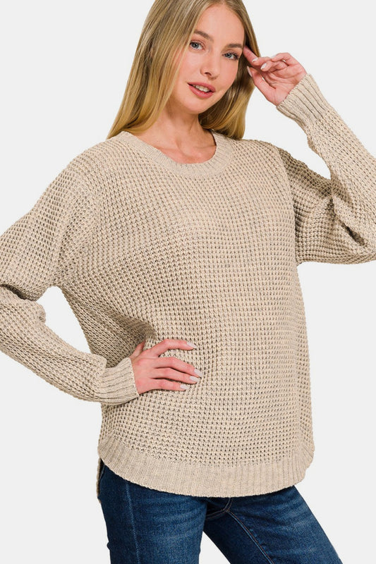 Hi-Low Long Sleeve Round Neck Waffle Sweater