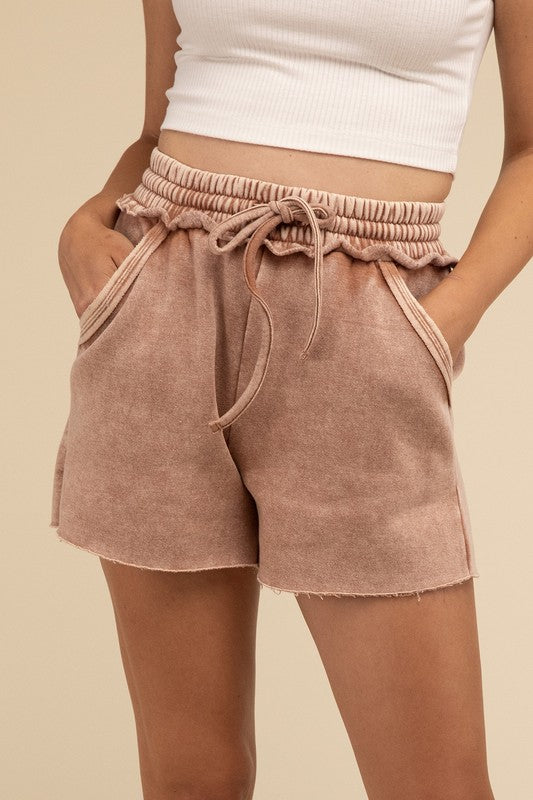 Acid Wash Fleece Drawstring Shorts with Pockets / RUST
