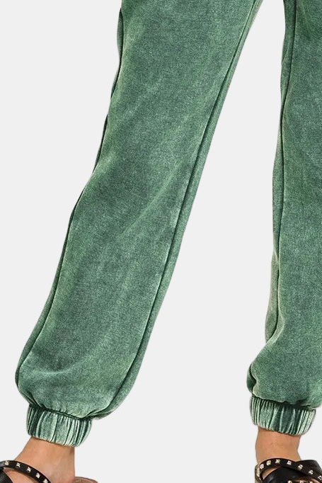 Acid Wash Fleece Sweatpants with Pockets / DK GREEN