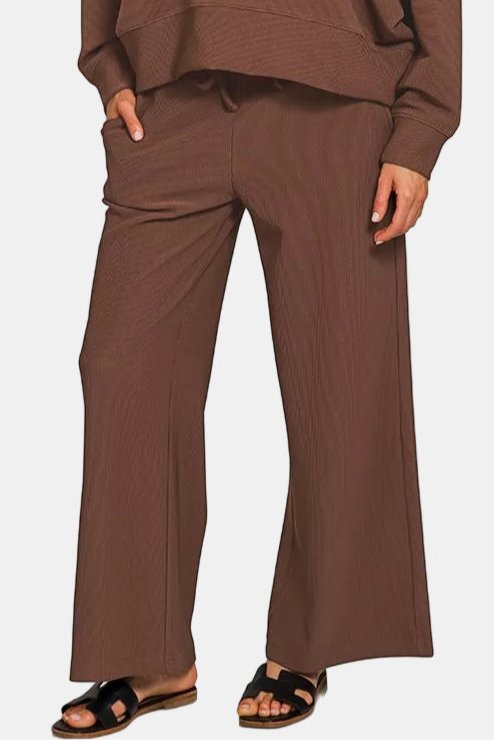 Ribbed Round Neck Pullover & Pants Set / BROWN