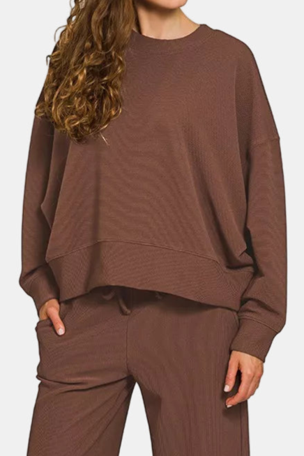 Ribbed Round Neck Pullover & Pants Set / BROWN