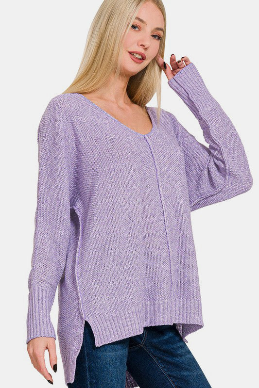 V-Neck Center Seam Hi-Low Sweater