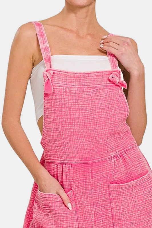 Woven Double Gauze Acid Washed Romper / FUCHSIA