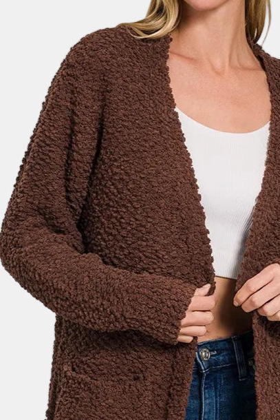 Long Sleeve Popcorn Sweater Cardigan with Pockets / BROWN