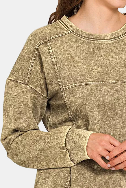 Acid Wash French Terry Exposed-Seam Pullover / MOCHA