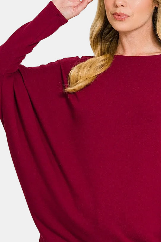 Hacci Dolman Long Sleeve Boat Neck Top / CABERNET
