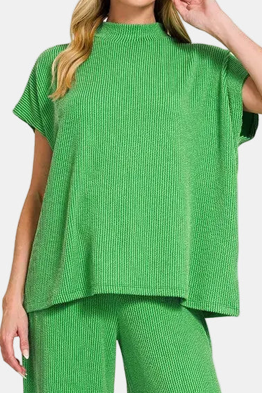 Raised Rib Mock Neck Tee & Pants Set / K GREEN
