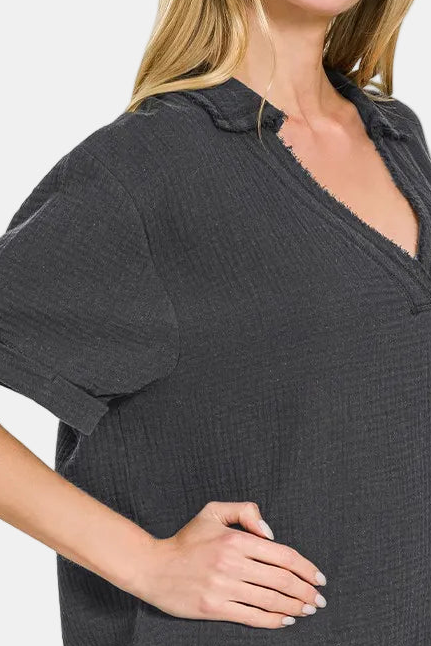 Double Gauze V-Neck Short Sleeve Top / BLACK