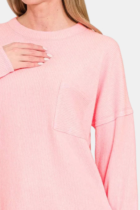 Ribbed Brushed Melange Hacci Sweater With a Pocket / DK PINK