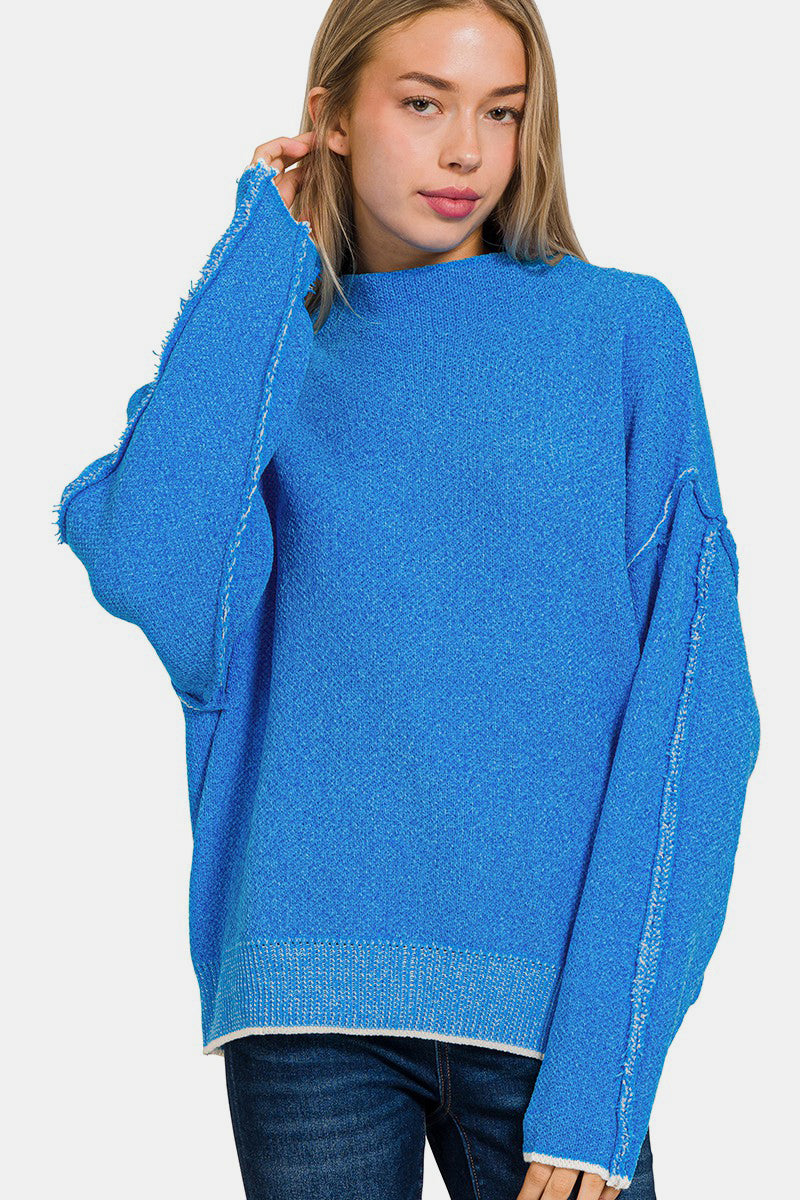 Oversized Mock Neck Raw Seam Chenille Sweater