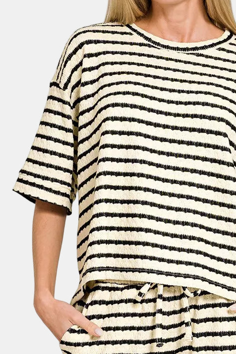 Striped Short Sleeve Tee & Shorts Set / BLACK