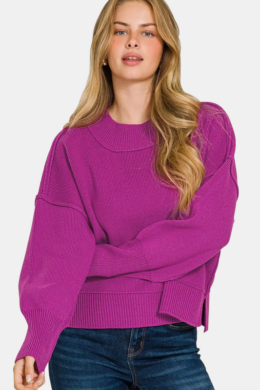 Wide Neck Band Drop Shoulder Sweater / LT PLUM