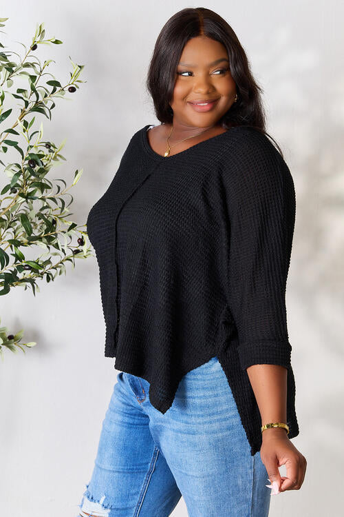 3/4 Sleeve V-Neck Hi-Low Hem Jacquard Sweater / BLACK