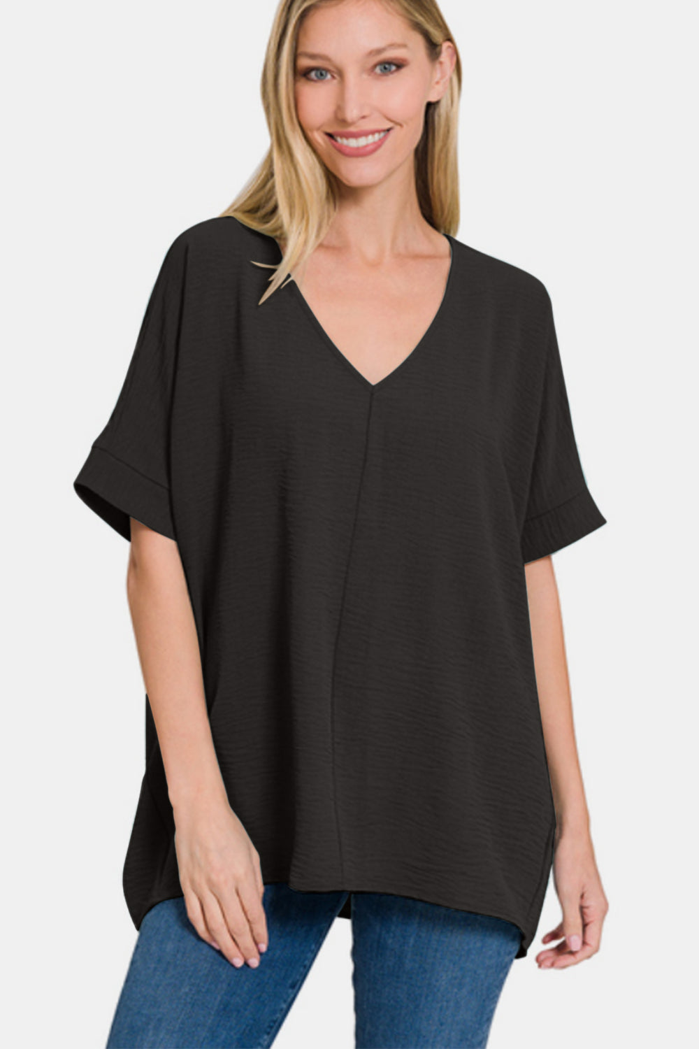 Woven Airflow V-neck Dolman Short Sleeve Top