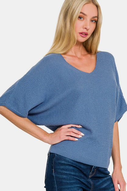 V-Neck Short Sleeve Dolman Sweater