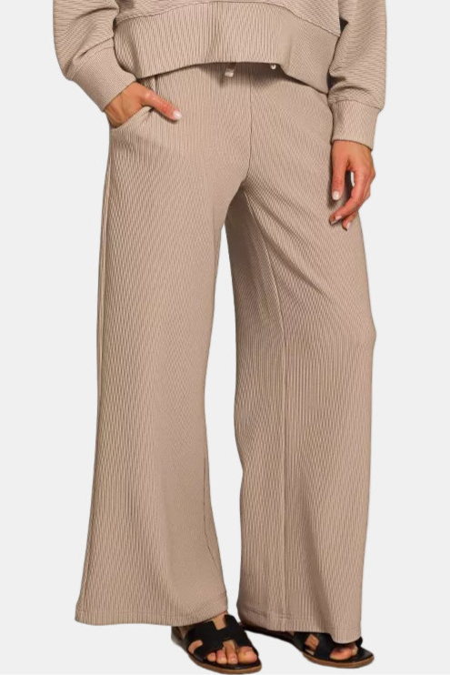 Ribbed Round Neck Pullover & Pants Set / ASH MOCHA