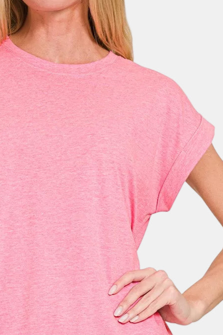Round Neck Folded Short Sleeve T-Shirt / H FUCHSIA
