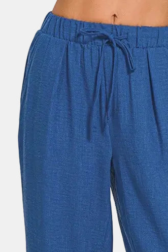 Woven Crepe Drawstring Elasticband Waist Pants / LT NAVY