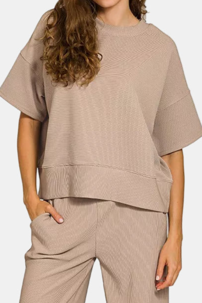 Ribbed Round Neck Tee & Pants Set / ASH MOCHA