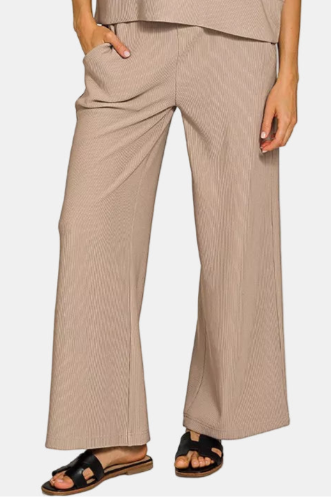 Ribbed Round Neck Tee & Pants Set / ASH MOCHA