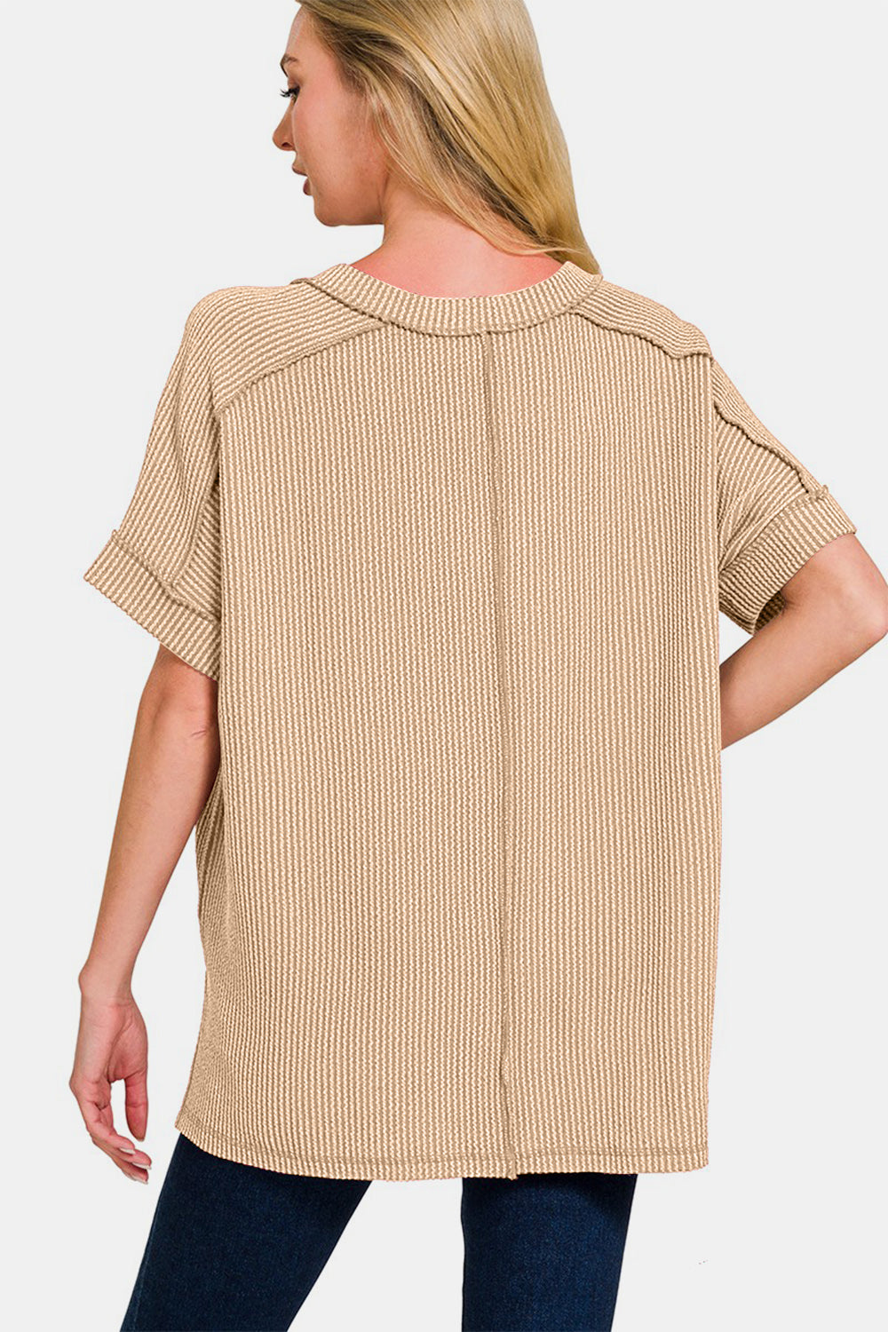 Corded Rib Short Sleeve Hi-Low V Neck Top