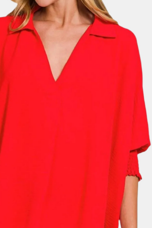 Airflow Collar Tee with Smocked Sleeve Band Top / TOMATO