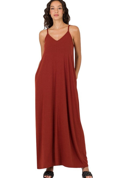 V-Neck Cami Maxi Dress with Side Pockets