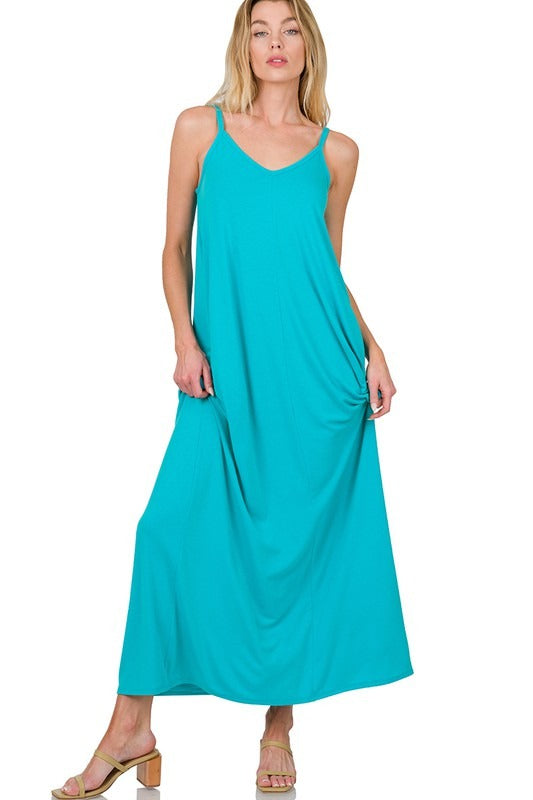 V-Neck Cami Maxi Dress with Side Pockets