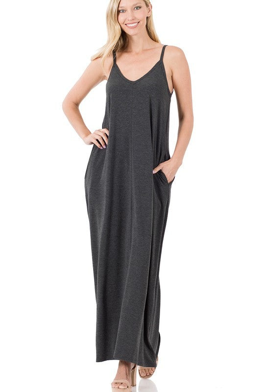 V-Neck Cami Maxi Dress with Side Pockets