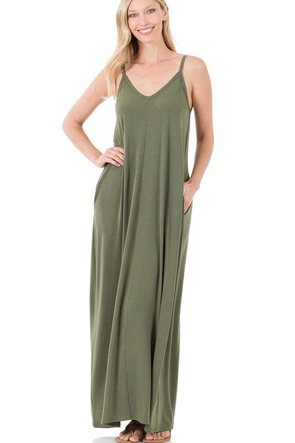 V-Neck Cami Maxi Dress with Side Pockets