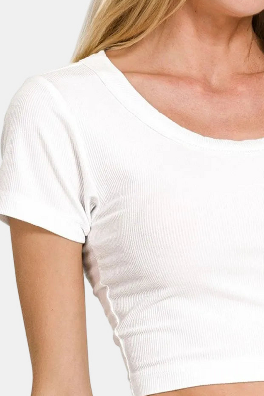 Ribbed Scoop Neck Crop Short Sleeve Top / WHITE